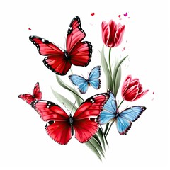 A bunch of red and blue butterflies on a white background, clipart isolated on white background.
