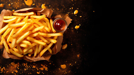 Golden French fries potatoes with ketchup on dark background, top view