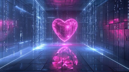 Generative AI, Futuristic room with pink heart in cyberpunk style illustration. Love, feelings, romantic St. Valentine's Day concept. 
