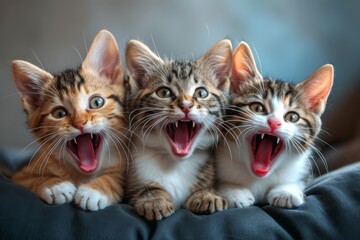 Three Playful Cats With Mouths Wide Open, Capturing Humorous Moment