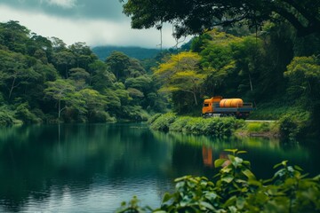 Tranquil Lake Scene With Truck Transporting Cargo Amidst Verdant Nature.