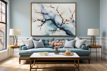 Indulge in the calming ambiance of a living room featuring a soft color blue sofa and a stylish table, set against an empty frame for your creative expressions.