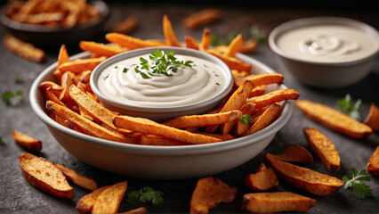 Delicious, mouth-watering golden and crispy fries, perfectly seasoned and served with creamy sauce.
