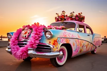 Foto op Canvas An luxury and elegant Beautiful Wedding Car is decorated with flower bouquet © Rafiqul