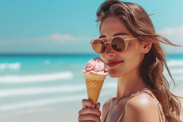 Woman Enjoying Beach Vacation With Sunglasses, Ice Cream, And Seaside Contemplation - obrazy, fototapety, plakaty