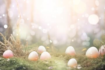 Fototapeta na wymiar Enchanted Easter eggs in mystical, misty meadow with ethereal light and bokeh. Easter Card. Festive springtime celebration.