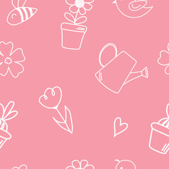Cute seamless spring pattern with doodle flowers, flowers in pots and watering can. Hand drawn flowers. Vector illustration. Springtime, summertime concepts.

