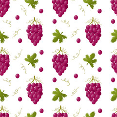 Seamless pattern with purple bunch of grapes, green leaves and berries on white background. Fruit vector illustration. 