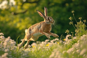 A rabbit is captured in motion as it runs through a picturesque field of vibrant flowers. This image can be used to represent freedom, nature, and the beauty of the outdoors