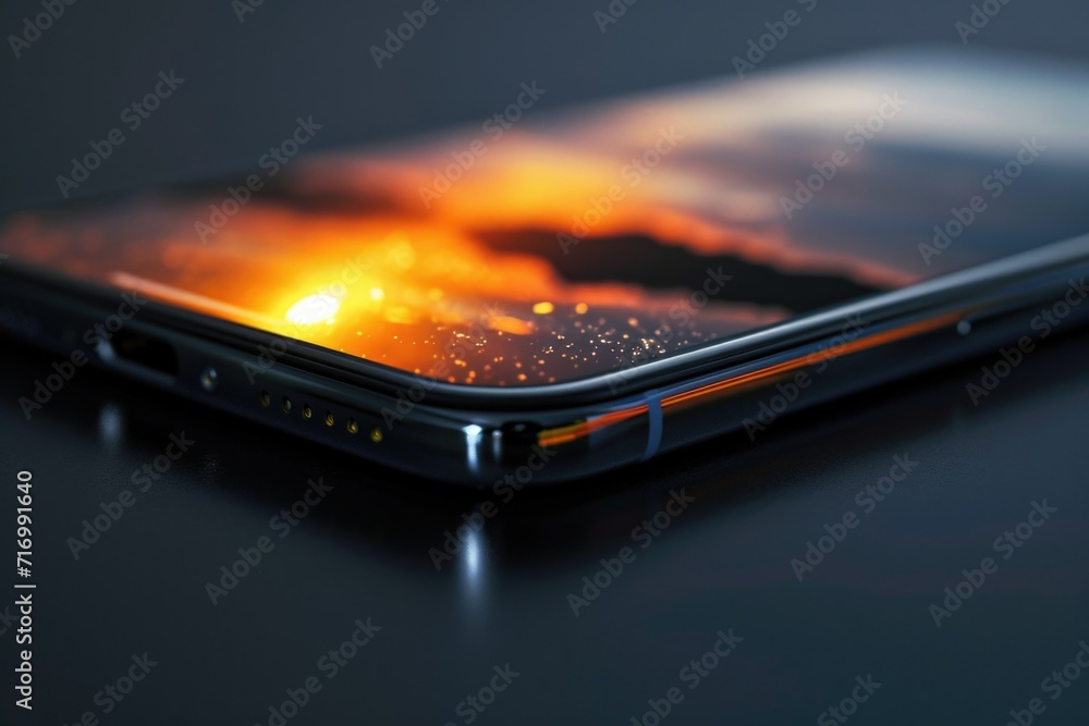 Poster a close-up shot of a cell phone placed on a table. this image can be used to depict technology, comm