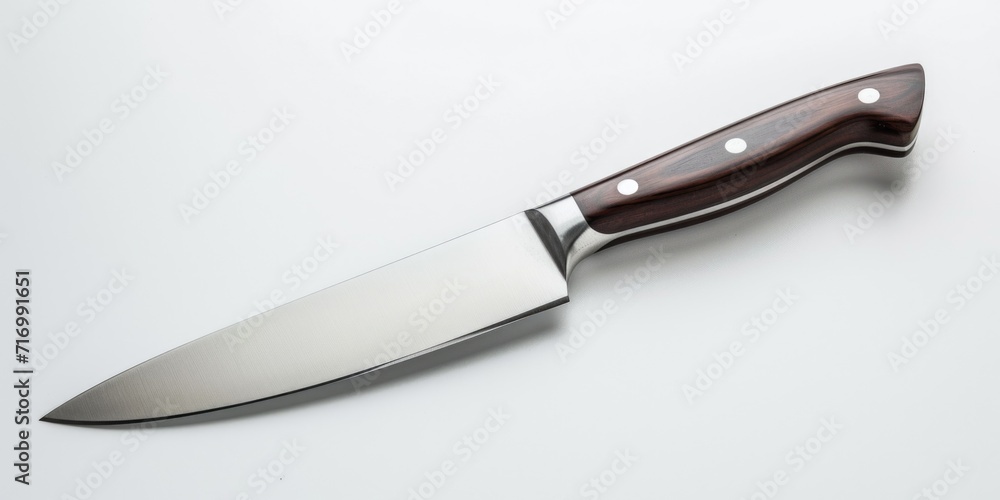 Poster a knife with a wooden handle is placed on a clean white surface. this versatile image can be used fo