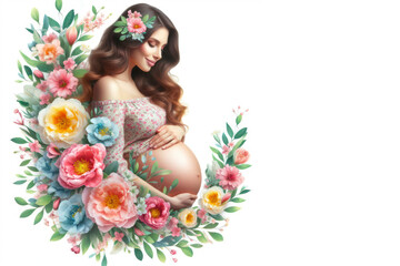 a pregnant woman with spring flowers blooming isolated on a solid white background. ai generative