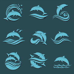 collection with emblem of dolphin and sea wave isolated on dark background