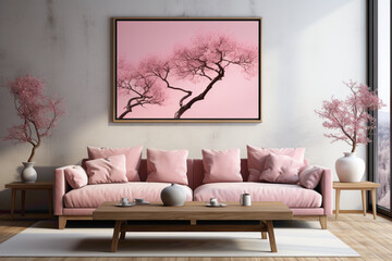 Indulge in the soothing ambiance of a living room adorned with a soft color pink sofa, a perfect match with a table, all framed by an empty canvas ready for your text.