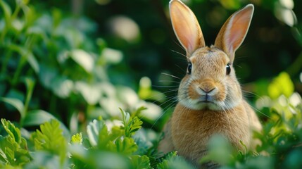 Fototapeta premium A rabbit sitting peacefully in the middle of a vibrant green field. This image can be used to depict nature, wildlife, or tranquility