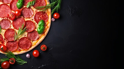 Pizza with salami, tomatoes and rosemary on black background. Top view. Copy space.