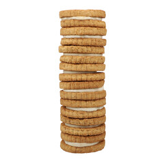 Stack of round sandwich cookies filled with chocolate cream isolated on transparent background. png isolated.