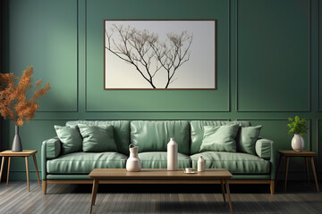 Picture a calming living room with a green sofa and a matching table, harmonizing with an absolutely empty blank frame, inviting your text to make a statement.