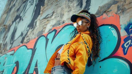 Obraz premium Fashionable young woman in sunglasses and a yellow jacket posing confidently in front of a vibrant graffiti wall..