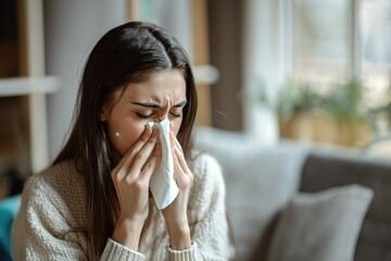 Young adult female sneezing into a tissue, possibly suffering from a cold, indoors
