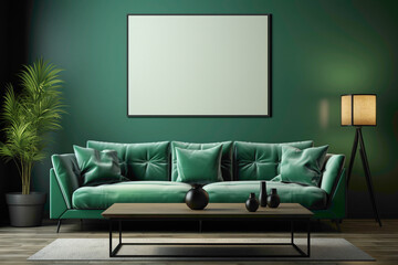 Picture a calming living room with a green sofa and a matching table, harmonizing with an absolutely empty blank frame, inviting your text to make a statement.