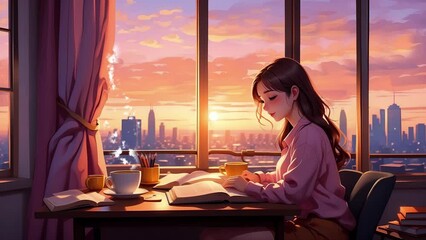 Animated Lofi Girl Studying with Sunset View,Lofi looping animation.