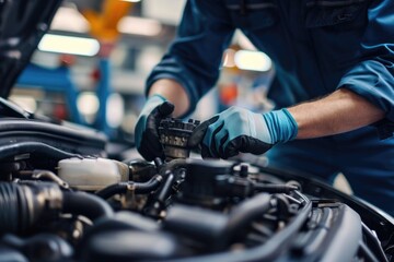 Fototapeta premium Focused mechanic in workwear repairing a car engine inside a well-equipped automotive workshop..