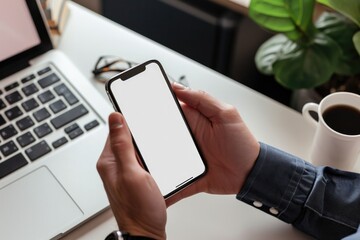 Close-up of a person hands holding a blank screen smartphone above a modern white office desk with laptop and accessories..