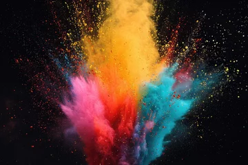 Fotobehang A vibrant powder cloud captured in mid-air against a black backdrop. Perfect for adding a burst of color and excitement to any project © Fotograf