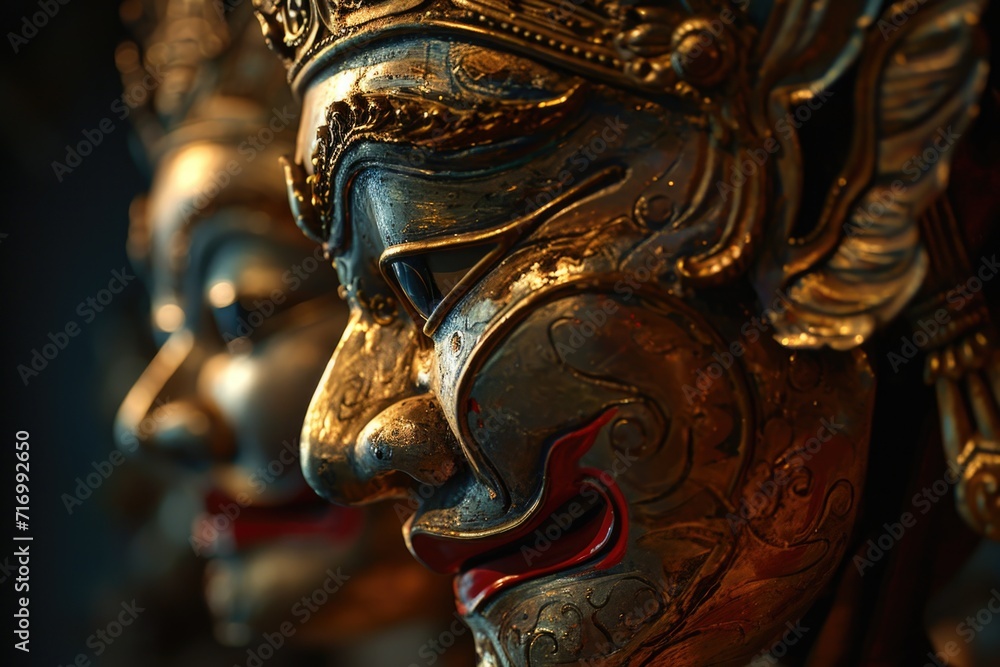 Poster a close-up view of a group of masks. ideal for use in theater productions, costume parties, or as de