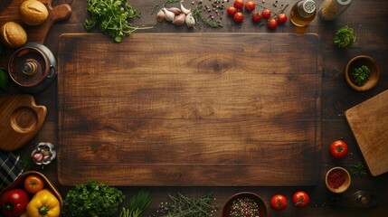 Top view of a wooden kitchen table filled with fresh vegetables and cooking utensils, ready for meal preparation..