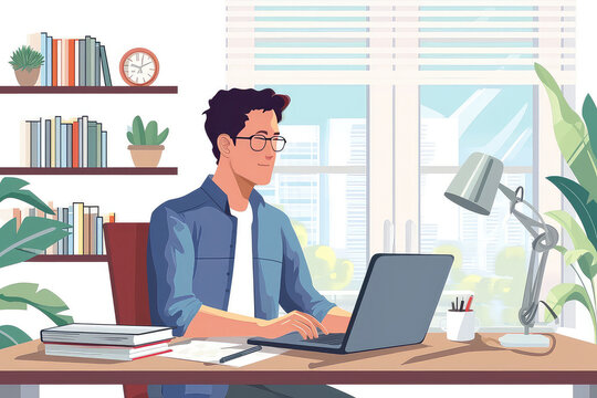 A freelancer man works behind a laptop. Home office workplace. illustration
