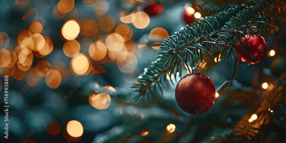 Poster a close up view of a christmas tree with sparkling lights. perfect for holiday-themed designs and fe