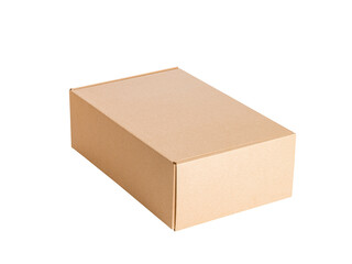 A closed brown rectangular cardboard box on a white background without a picture and inscription. Side view.