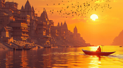 3d illustration of Ancient Varanasi city architecture at sunset with view of sadhu baba enjoying a boat ride on river Ganges. India. - obrazy, fototapety, plakaty
