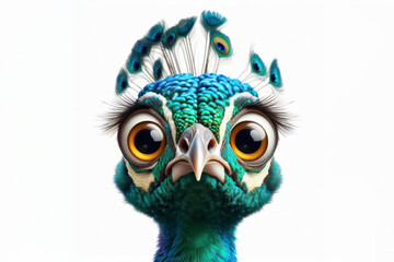 Funny Portrait of surprised full body peacock bird with bulging big eyes on solid white background. ai generative