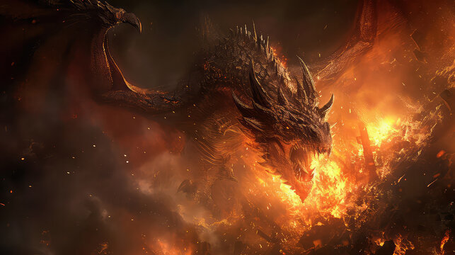 Fire breathes explode from a giant dragon in a black night, the epic battle evil concept art