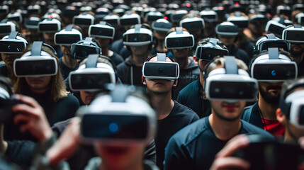 crowd of hypnotised people in vr glasses, generative ai - 716993400