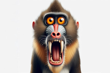 Funny Portrait of surprised Mandrill Monkey with bulging big eyes on solid white background. ai generative
