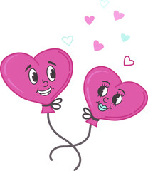 Love balloons in the form of hearts. Cartoon mascot of the 30s, 40s, 50s, 60s old animation style. The concept for Valentine's Day. Vector illustration.