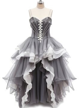 A dress on a mannequine with a corset, modern prom dress design on white background.