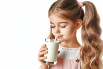 little girl drinking milk isolated on a white background. ai generative