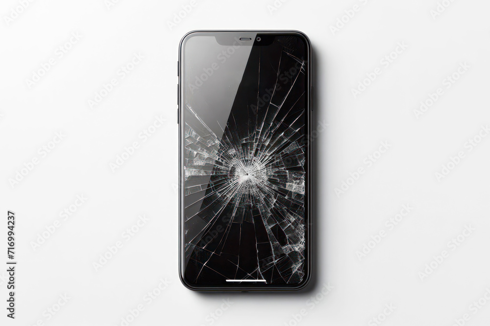 Poster smartphone mock up black screen with broken screen isolated on a white background. ai generative