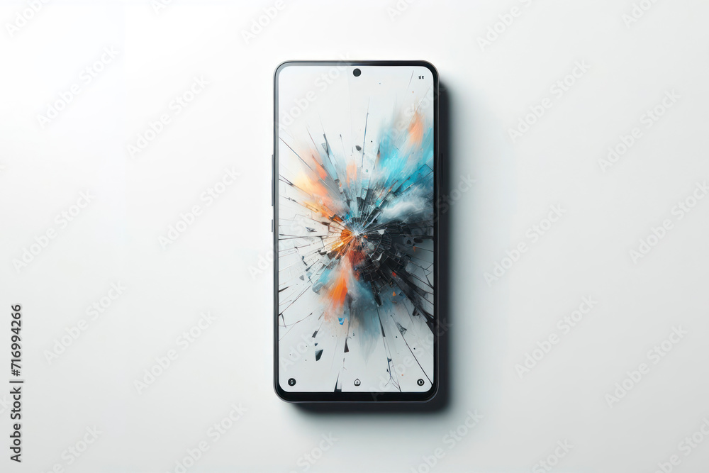 Poster smartphone mock up white screen with broken screen isolated on a white background. ai generative