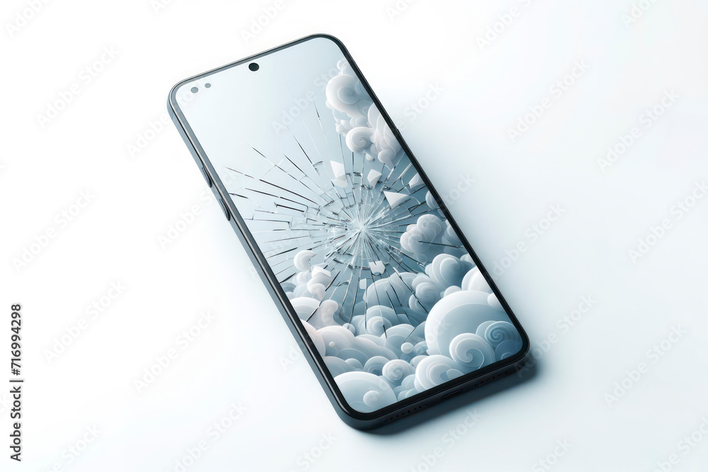 Poster smartphone mock up white screen with broken screen isolated on a white background. ai generative