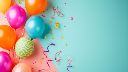 Colorful Balloons and Streamers on a Blue and Pink Background