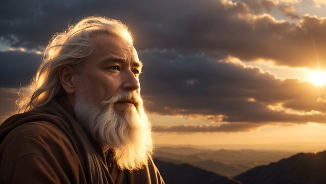 A wise man with a white beard at sunset