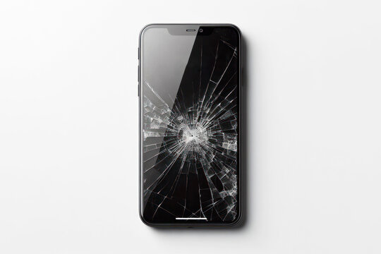 smartphone mock up black screen with broken screen isolated on a white background. ai generative