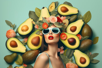 Creative portrait of a beautiful woman in sunglasses with avocado and flowers.
