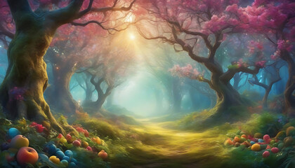 Obraz na płótnie Canvas landscape with fantasy, Mystical Reverie: Tu Bishvat in the Enchanted Forest - A Digital Illustration of Fantastical Celebration
